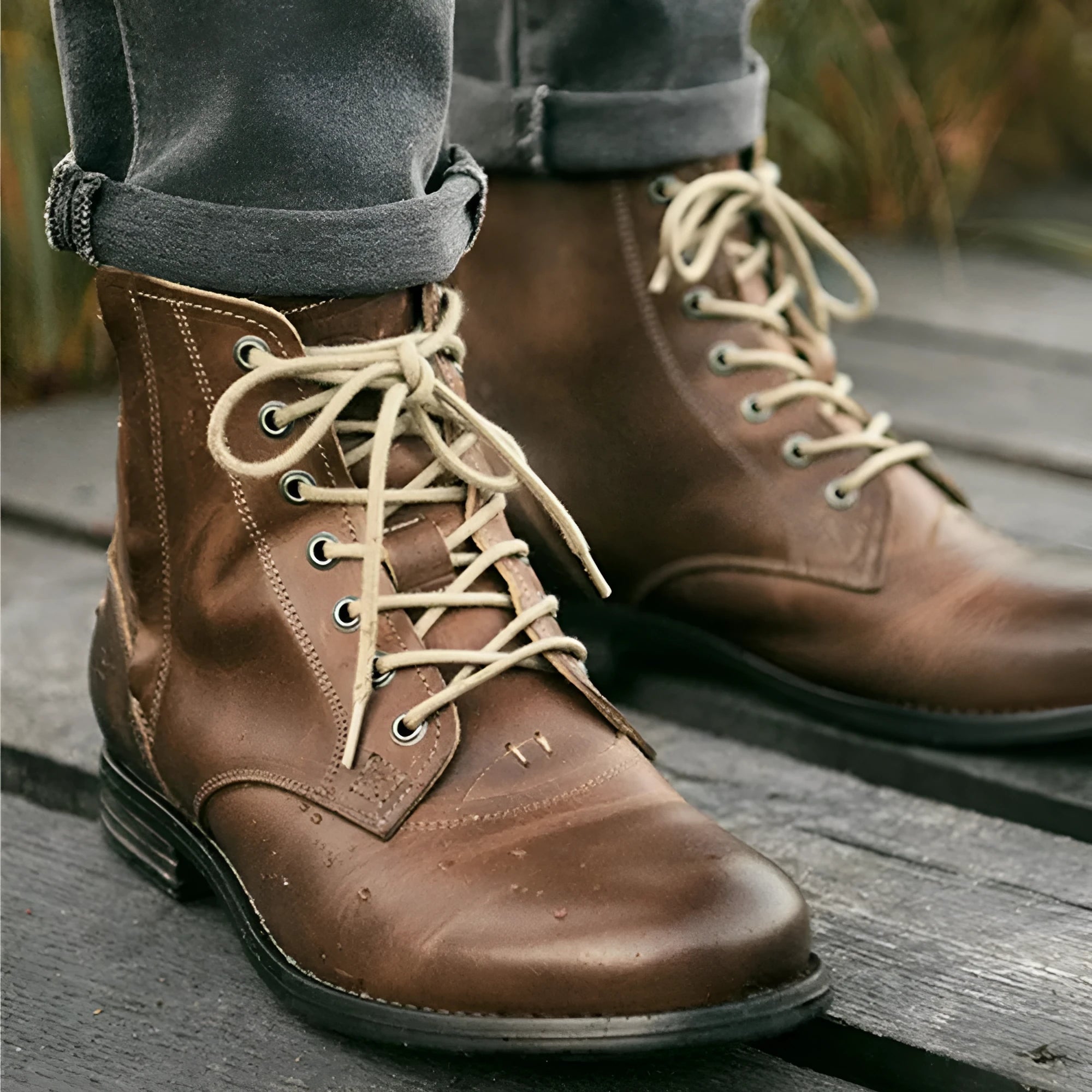 Black and brown two-tone leather ankle boots with side zipper and low heel.