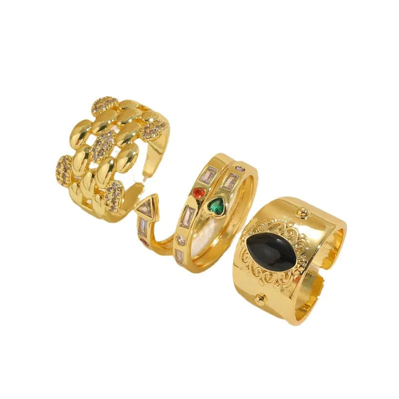 Chinese-style vintage ring with geometric shape and horse eye black electroplated finish