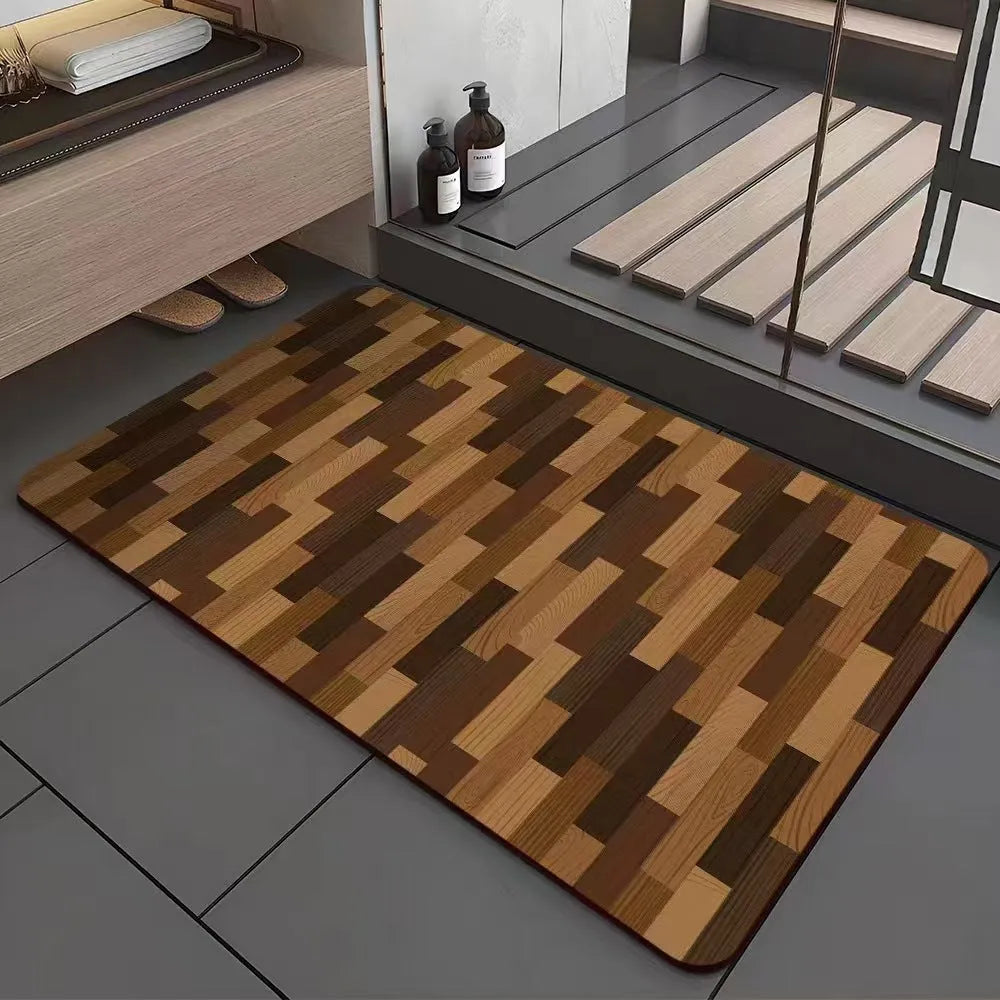 Square diatomite bathroom floor mat with wood grain pattern on bathroom tiles
