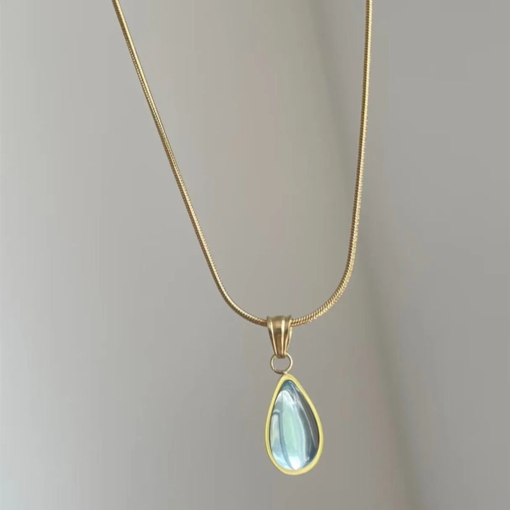 Retro water drop necklace with mixed gemstone pendant on snake bone chain