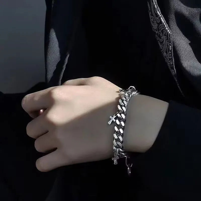 Men's titanium steel bracelet with cross design geometric shape cold wind style