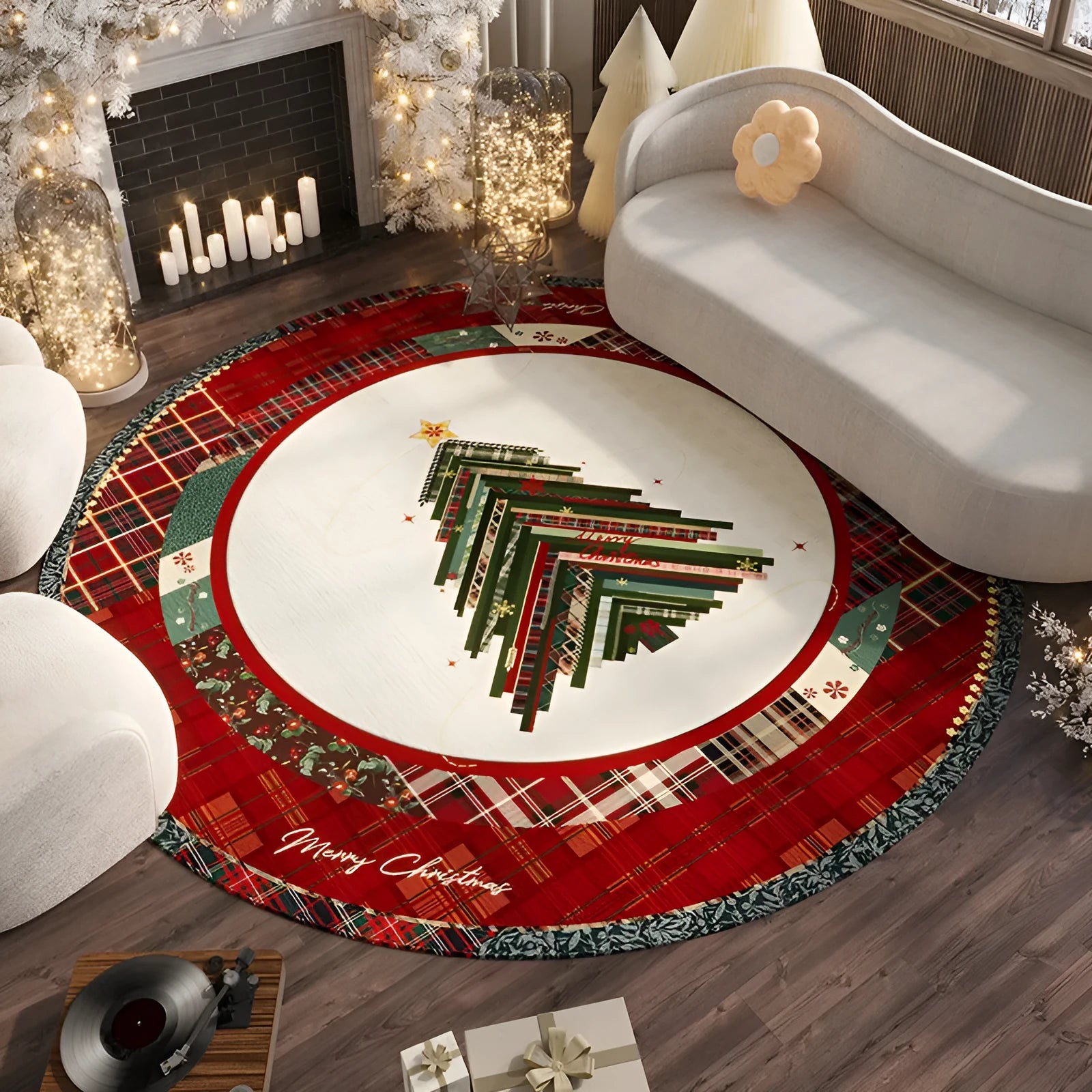 Round red Christmas carpet with festive patterns and non-slip backing for living room floor decoration