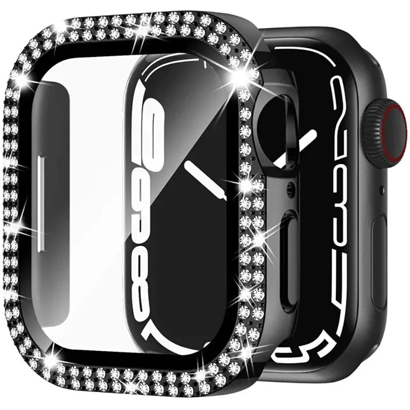 Apple Watch case with double diamond glass privacy screen in rose gold, silver, and black colour options
