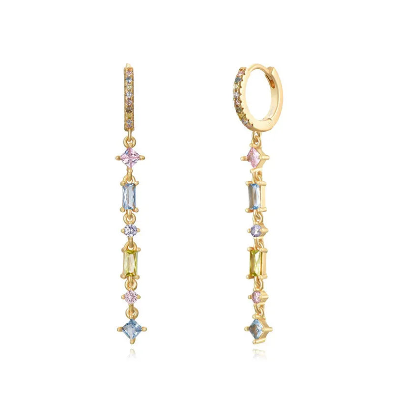 Sterling silver geometric U-shape ear clips with needle micro-inlaid colourful zircon stones and tassel design