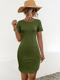 A women's slim-fit short-sleeve dress with a U-shaped split hem in a dark green colour.