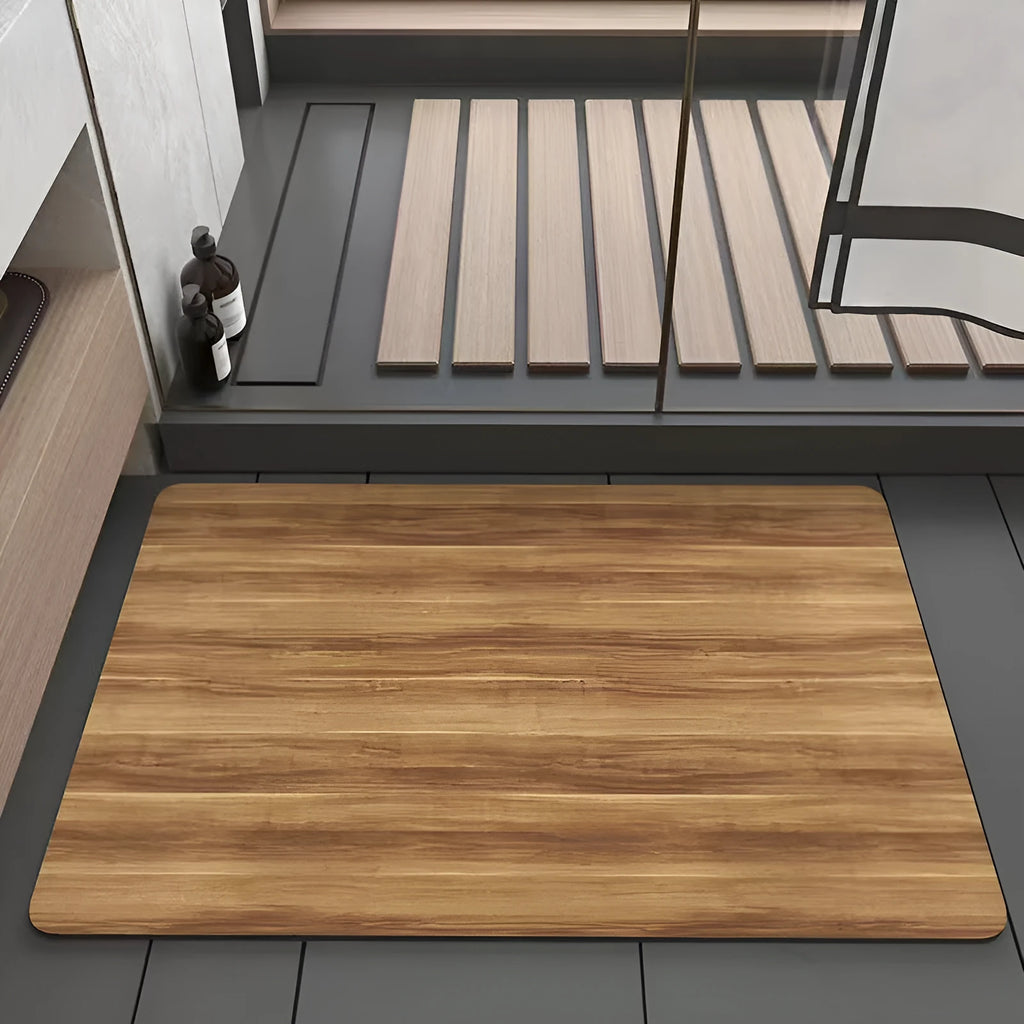 Square diatomite bathroom floor mat with wood grain pattern on bathroom tiles