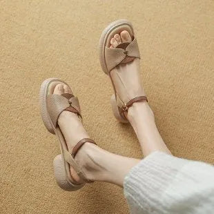 Women's chunky heel platform sandals with open toe design in khaki colour