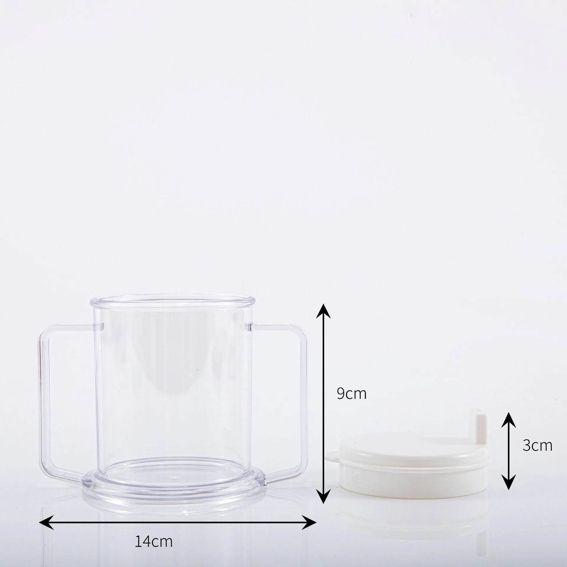 Transparent plastic drinking cup with spill-proof lid showing 14cm height and 12cm diameter dimensions
