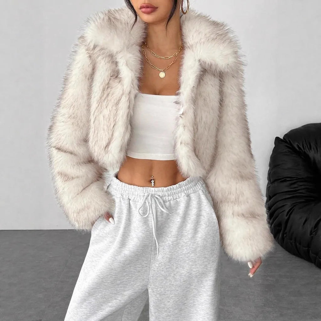 Women's artificial fur coat with fur collar in various colour options including black tip patterns