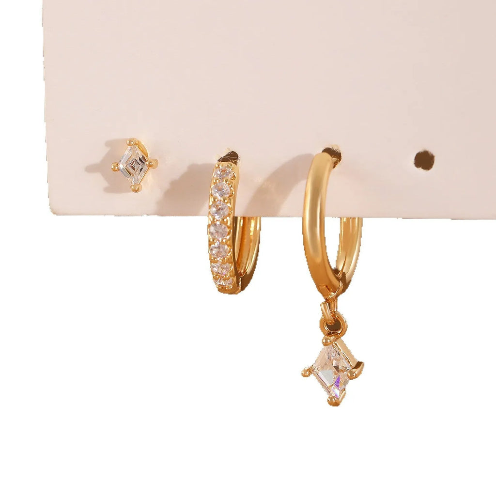 Ladies three-piece earring set with copper zircon geometry designs in gold and silver colours