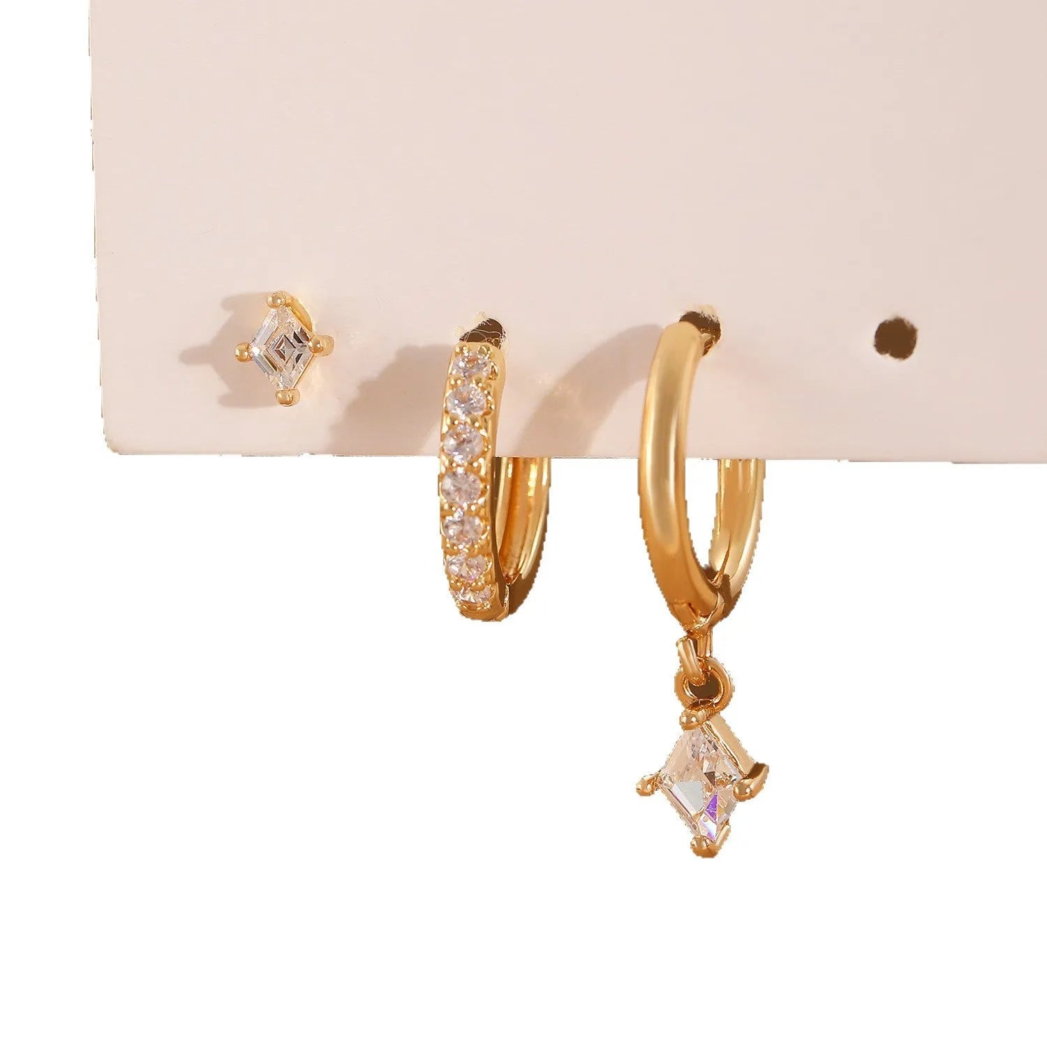 Ladies three-piece earring set with copper zircon geometry designs in gold and silver colours