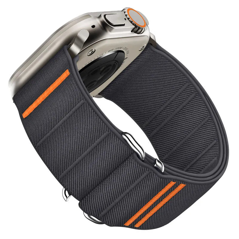 Elastic nylon Apple Watch compatible band with stainless steel buckle shown in multiple colour options