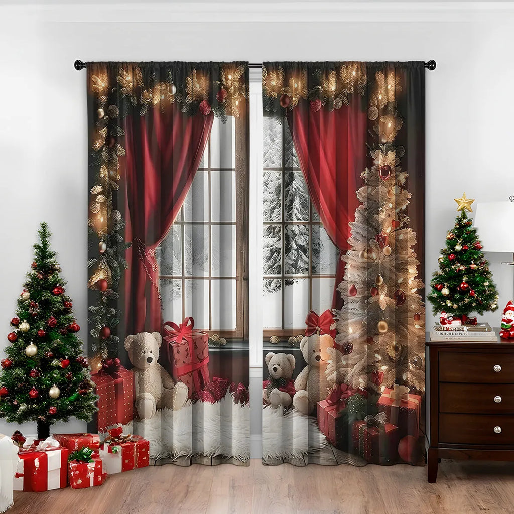 Pair of 3D digitally printed Christmas pattern blackout curtains hanging on a window.