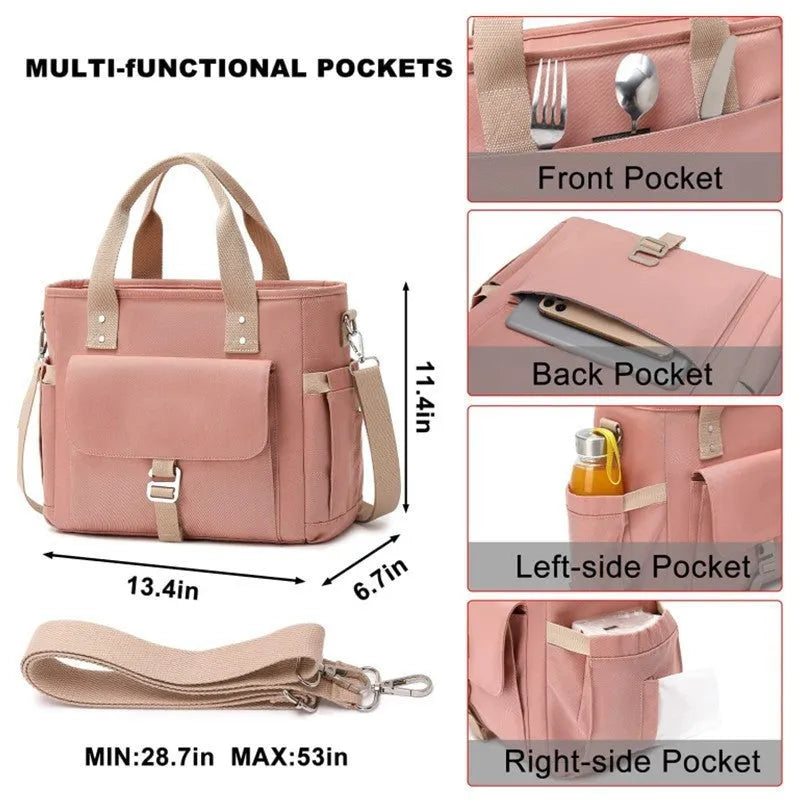 Portable cube-shaped picnic bag with removable shoulder strap and side pocket in Oxford cloth.