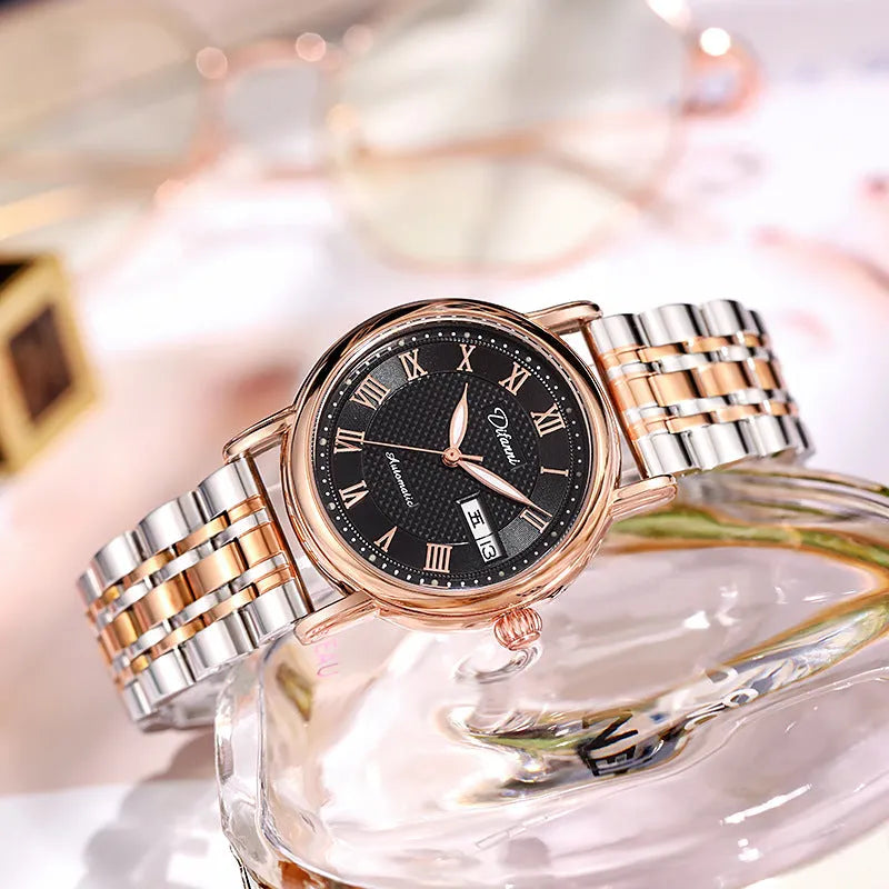 Women's automatic mechanical watch with stainless steel or leather strap, 12mm case, multiple colour options