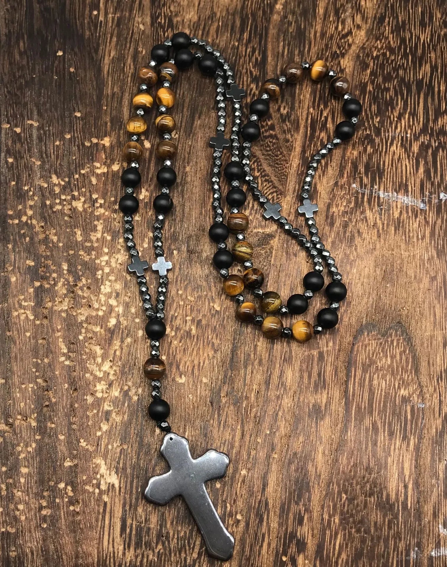 Men's stone geometric cross pendant necklace with bead chain and safety lock