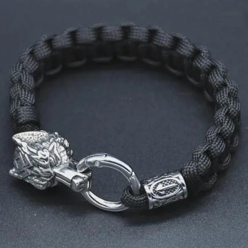 Handmade stainless steel wolf head bracelet with Luen character detailing in camouflage colour