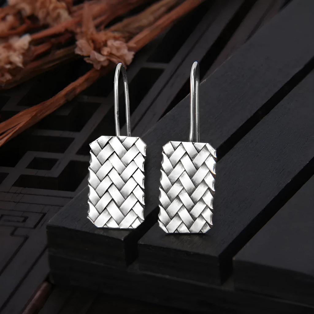 Silver geometric diamond plaid woven 925 sterling silver drop earrings for women