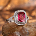 Red copper square geometric ring with rhinestone centrepiece for women, showing metallic construction