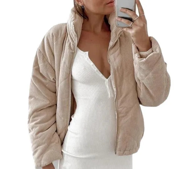 Women's apricot corduroy wadded jacket with stand collar and front zip closure