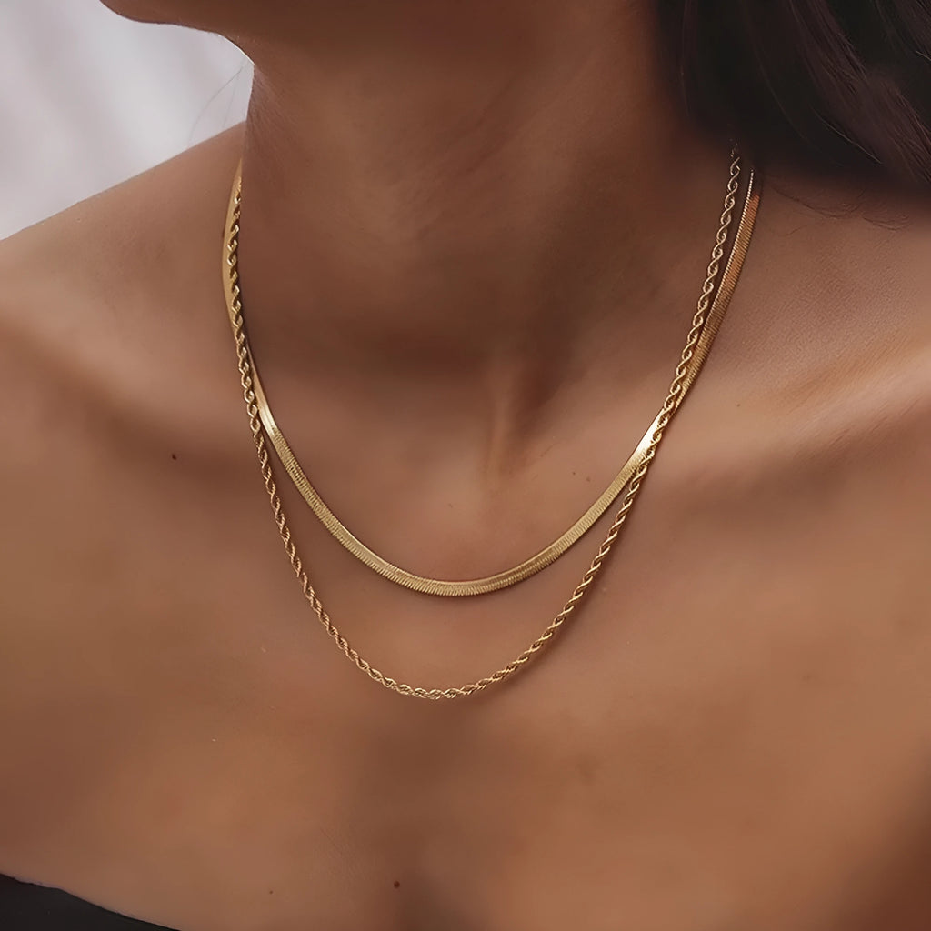 Women's retro double-layer twist necklace with geometric titanium steel pendant on adjustable snake bones chain