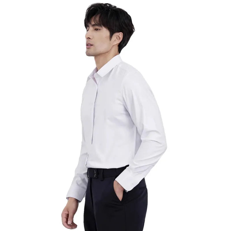 Men's wine red slim fit long sleeve business shirt with non-iron fabric on a hanger