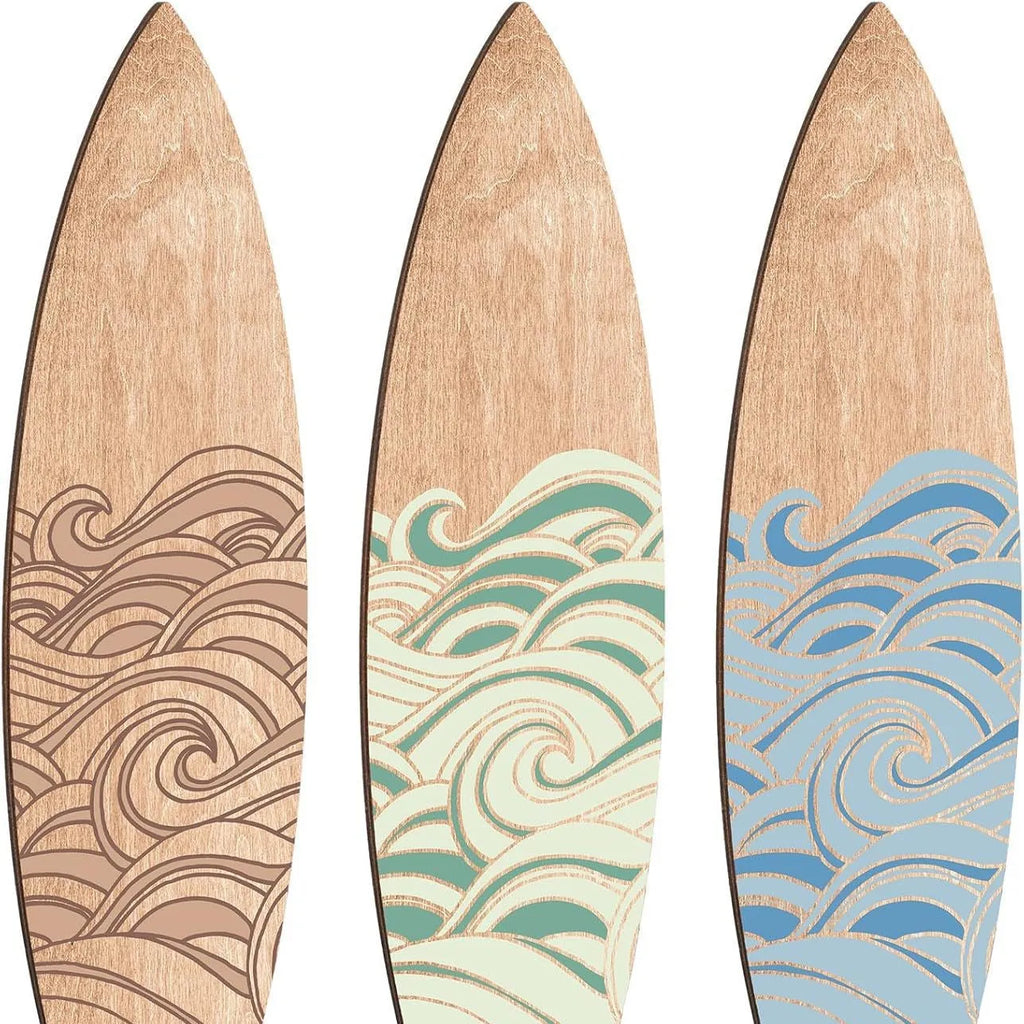 Three identical wooden surfboard wall decorations with European-style design on boxwood