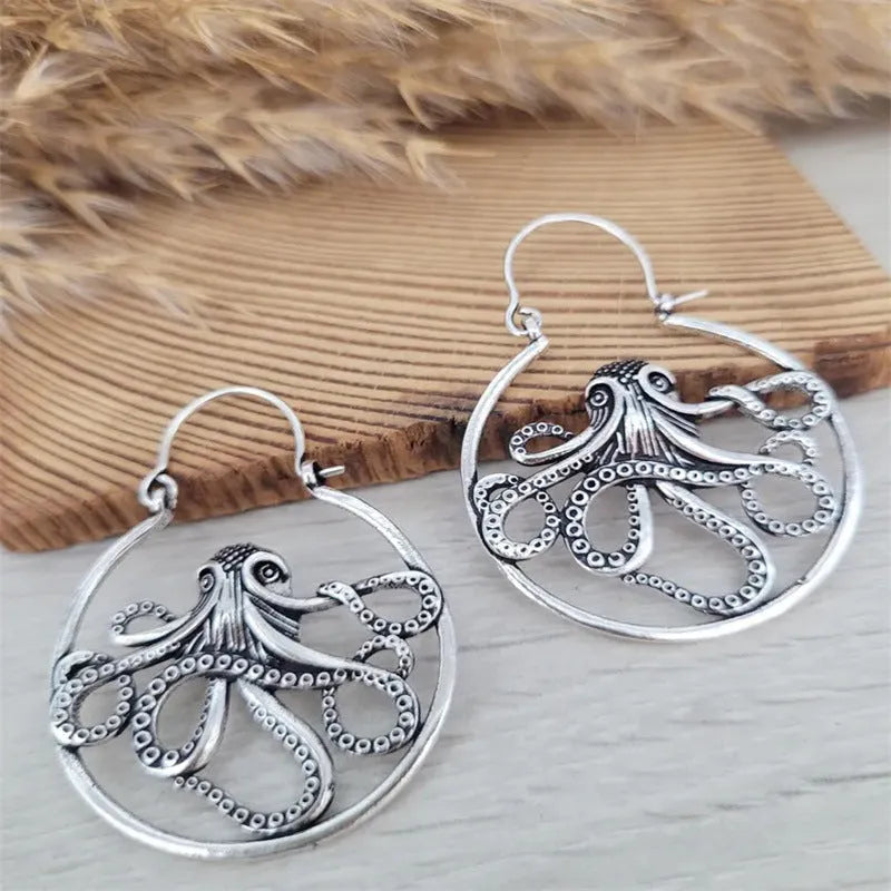 Octopus design earrings in antique silver finish with retro styling and zinc alloy construction