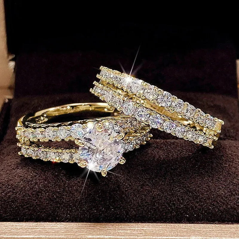 Two-in-one alloy ring set for women with diamond treatment in silver, gold, and rose gold colours.