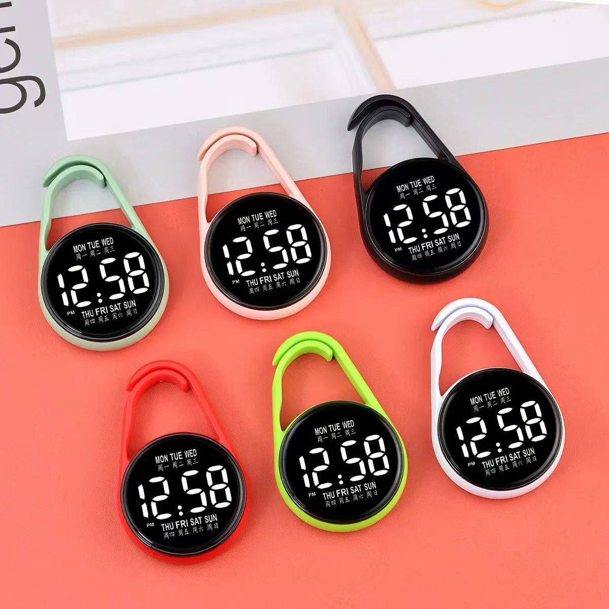 LED luminous electronic digital watch with plastic strap shown in multiple colour options