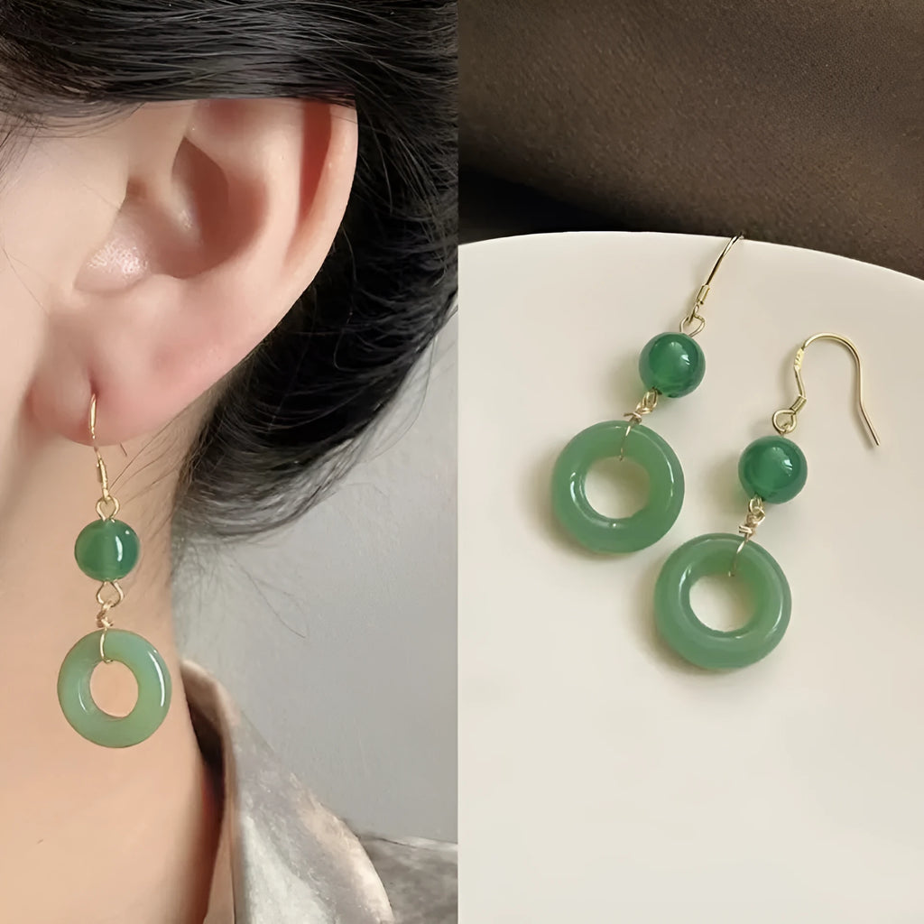Green Chinese style peace buckle shape earrings with geometric ring design