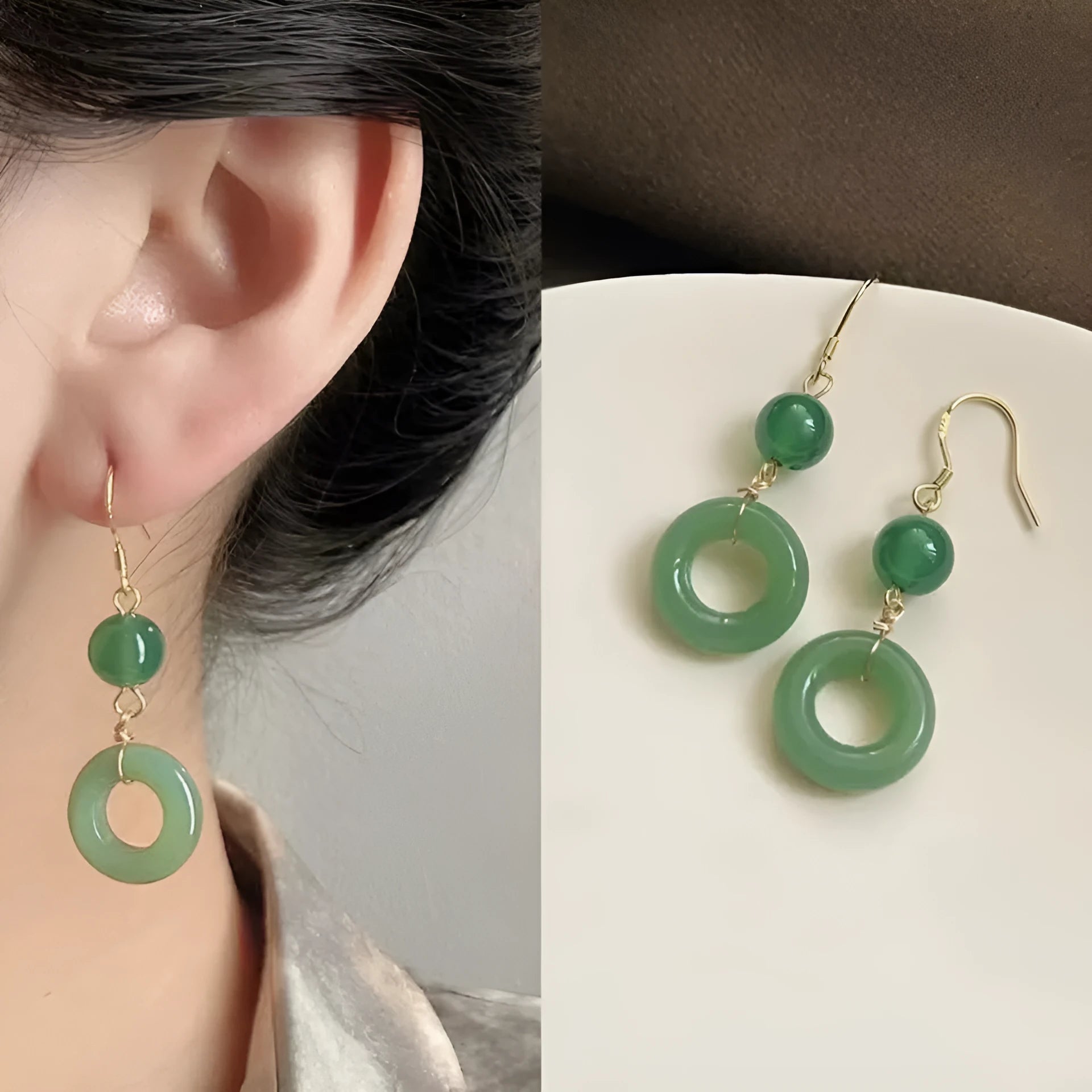 Green Chinese style peace buckle shape earrings with geometric ring design