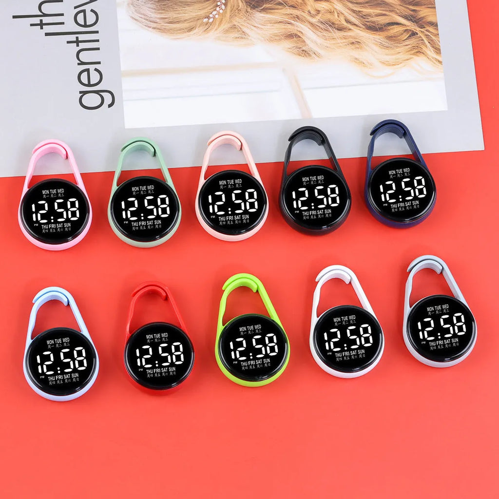 LED luminous electronic digital watch with plastic strap shown in multiple colour options