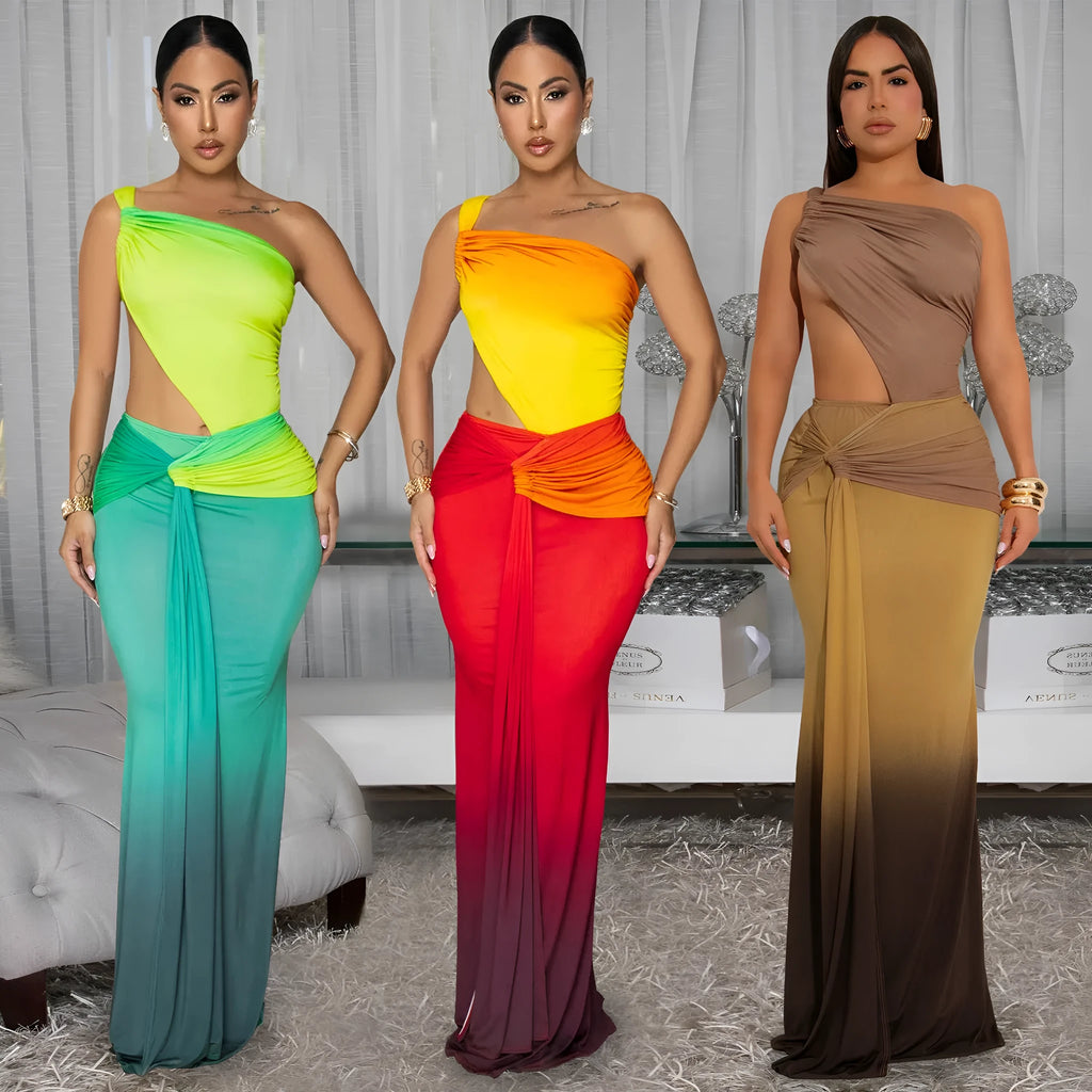 Oblique shoulder women's summer dress in a gradient colour with a high waist and long maxi skirt.