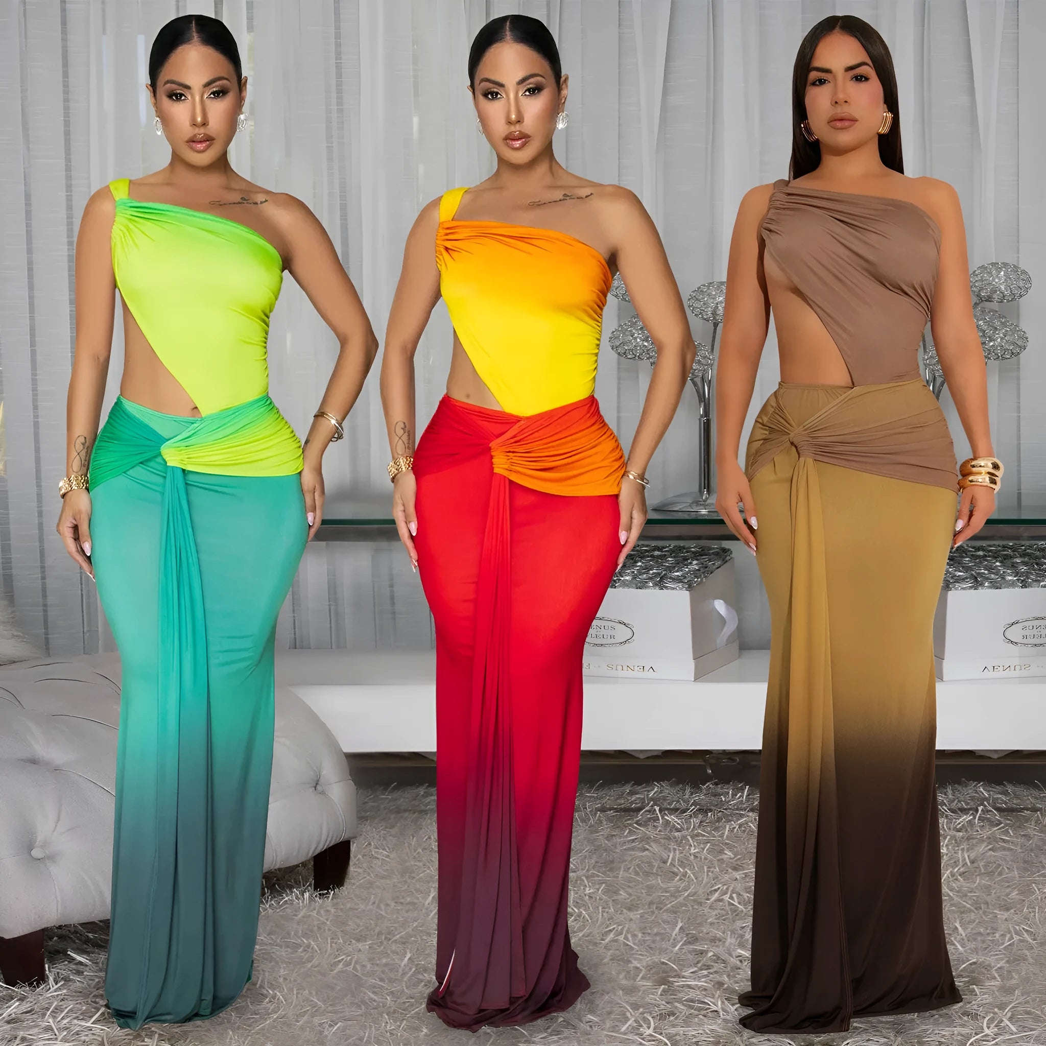 Oblique shoulder women's summer dress in a gradient colour with a high waist and long maxi skirt.