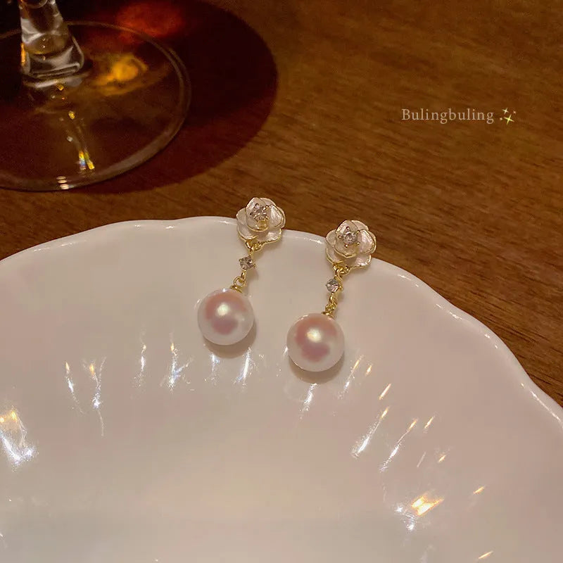 Camellia flower stud earrings for women with pearl-effect finish and alloy construction