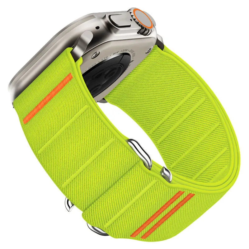 Elastic nylon Apple Watch compatible band with stainless steel buckle shown in multiple colour options