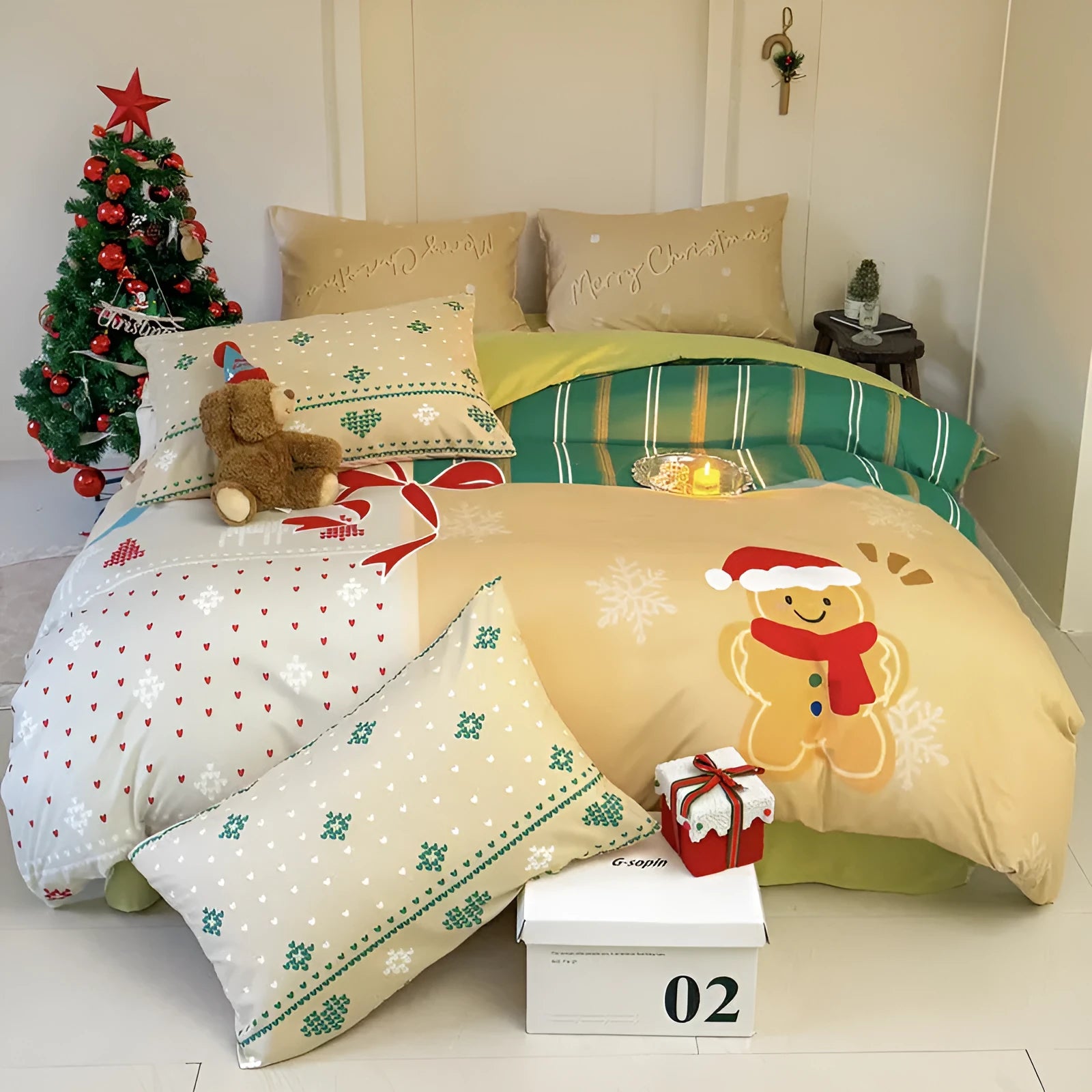 Christmas cartoon printed bedding set with sheet, quilt cover, and pillowcases in super soft washed cotton