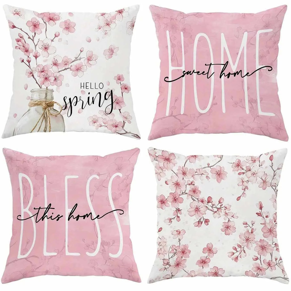 Square short velvet cushion cover with cherry blossom and letter design in 45x45cm size.