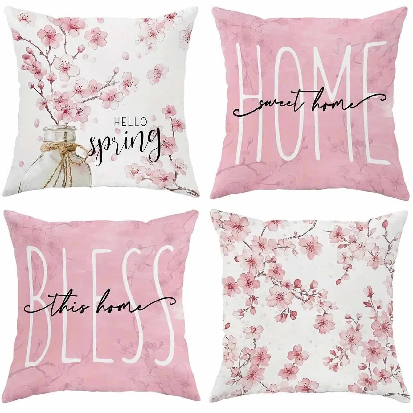 Square short velvet cushion cover with cherry blossom and letter design in 45x45cm size.