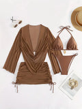 Women's dark brown lace-up bikini swimsuit with backless design and briefs-style bottom