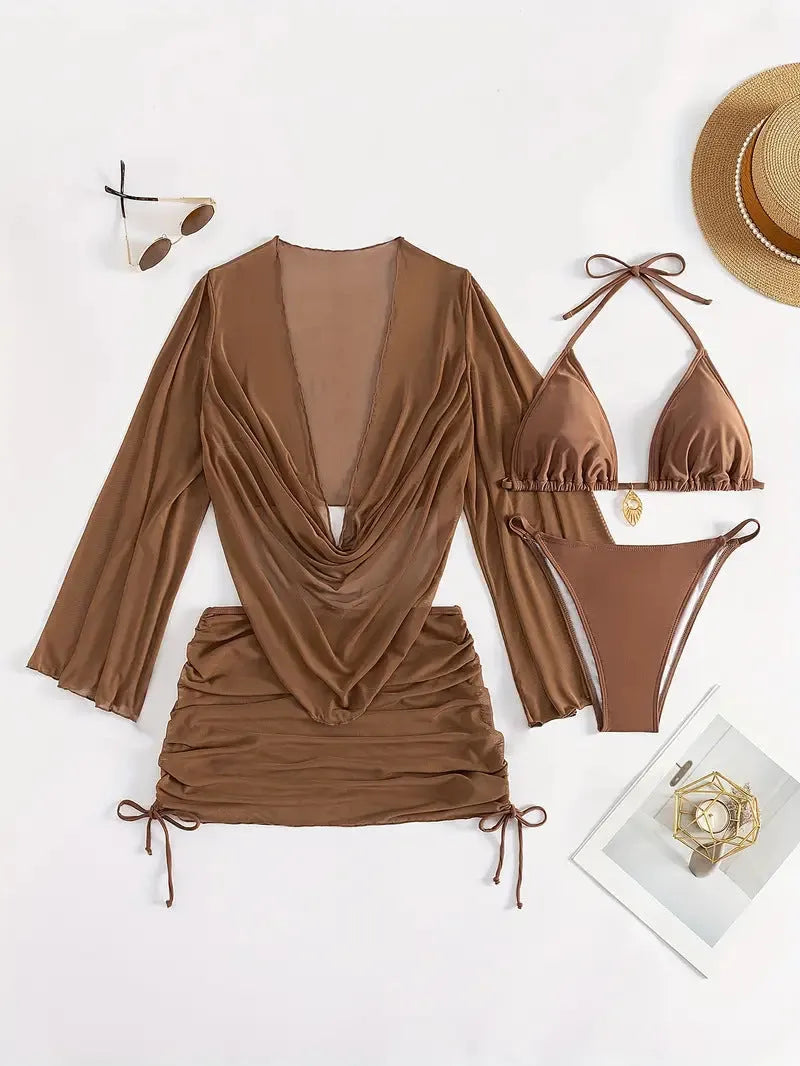 Women's dark brown lace-up bikini swimsuit with backless design and briefs-style bottom