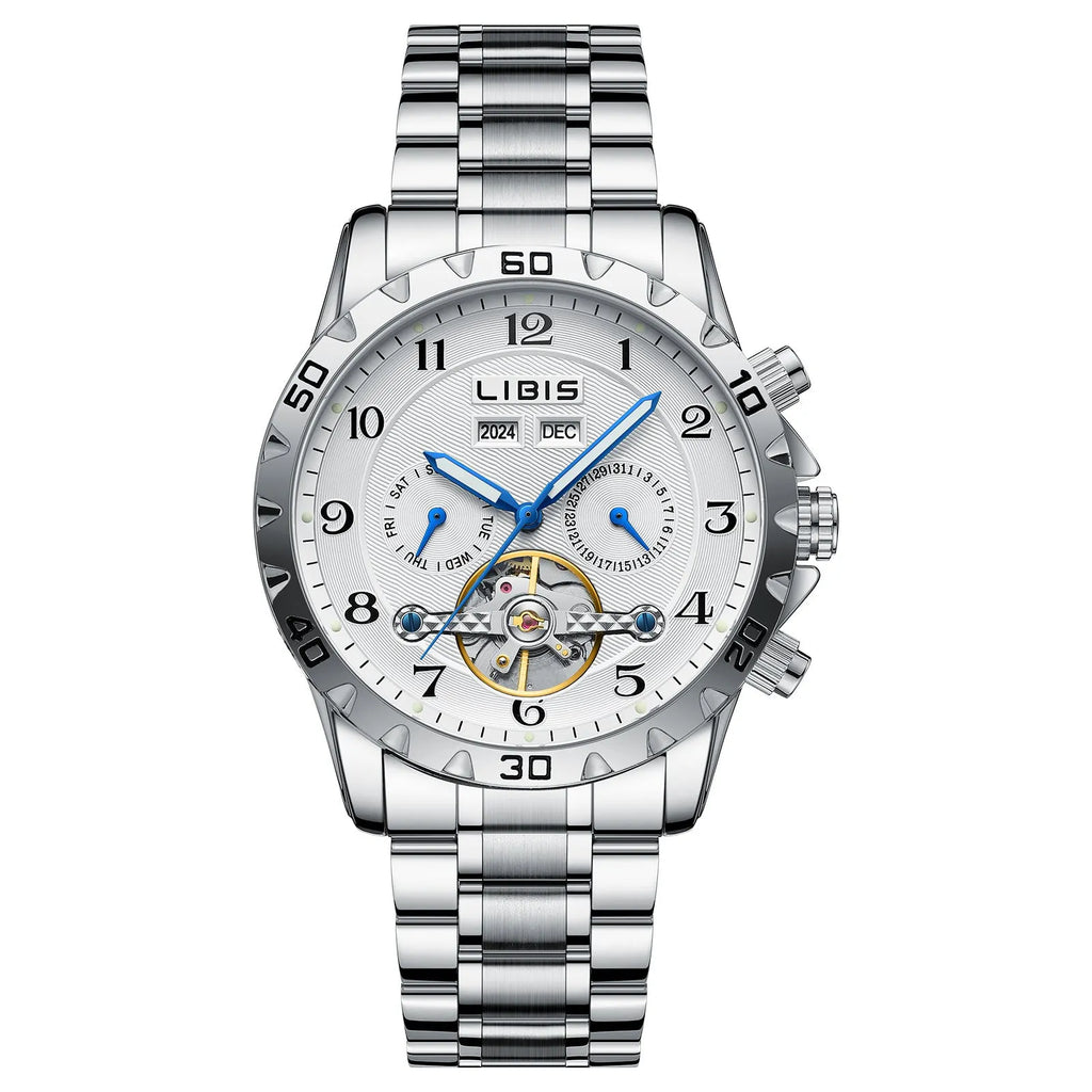 Men's silver steel automatic perpetual calendar watch with business design