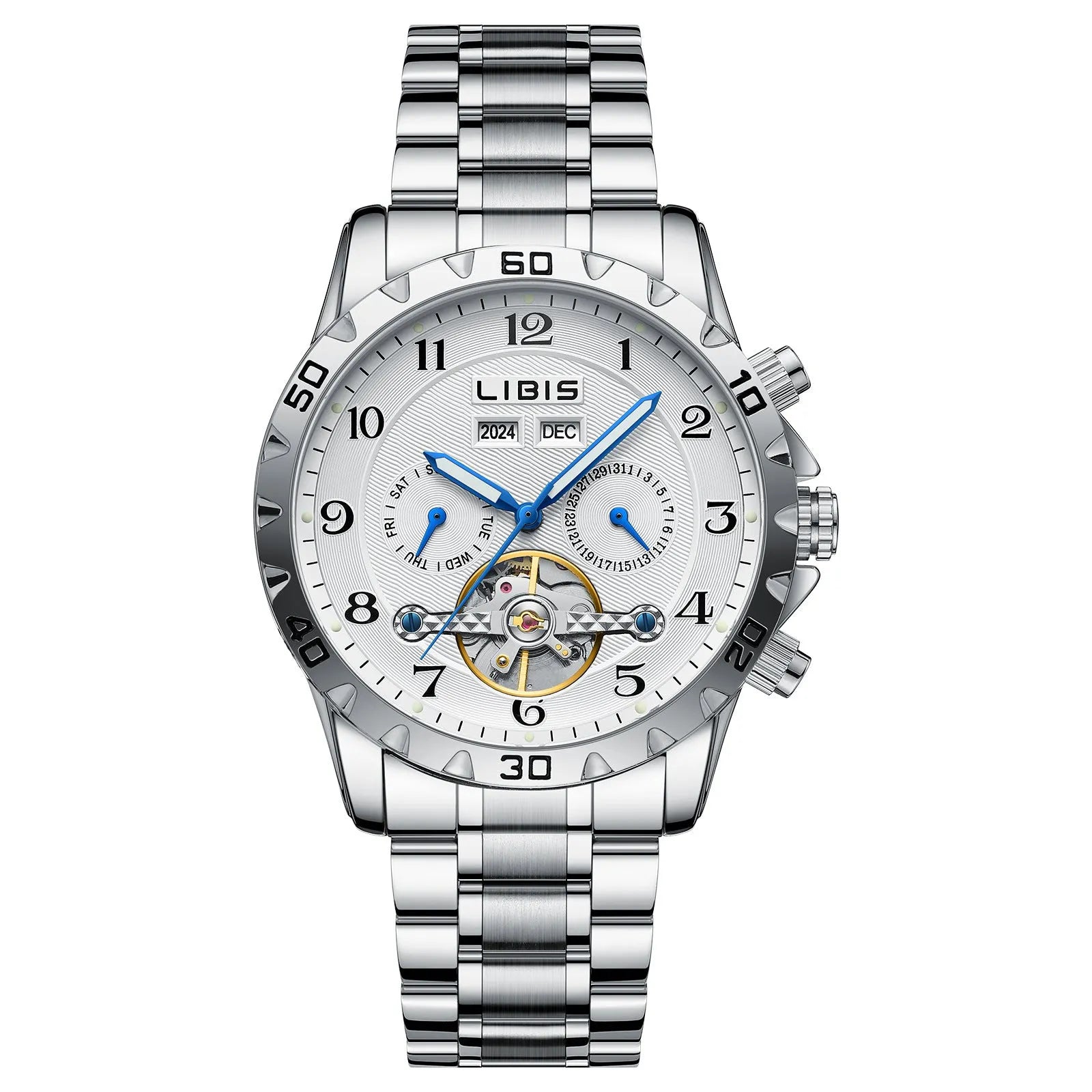 Men's silver steel automatic perpetual calendar watch with business design