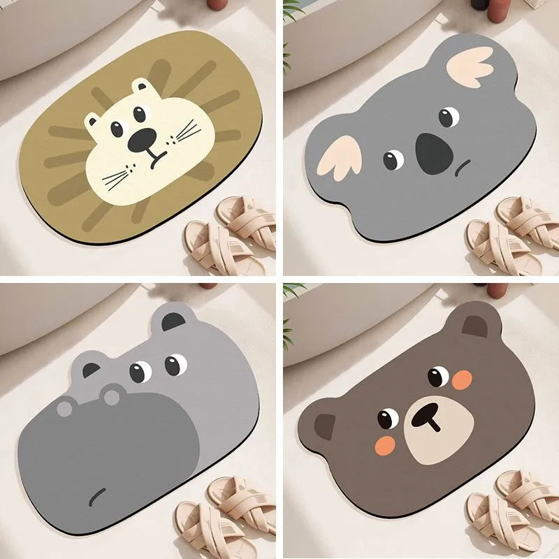 Cute animal cartoon design diatom oil absorbent non-slip bathroom mat on tiled floor.
