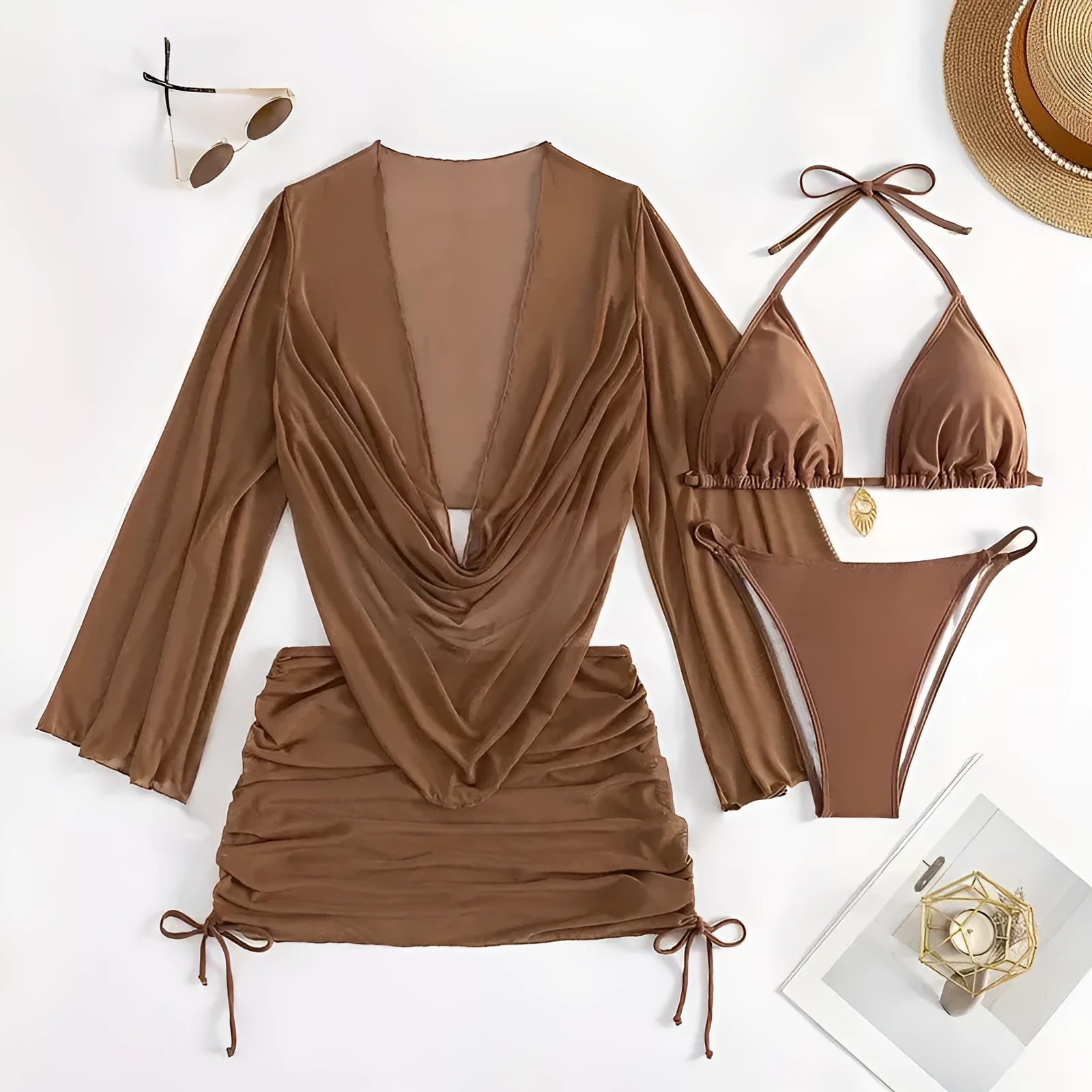 Women's dark brown lace-up bikini swimsuit with backless design and briefs-style bottom
