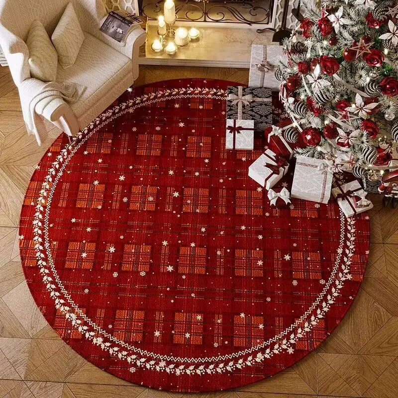Round red Christmas carpet with festive patterns and non-slip backing for living room floor decoration