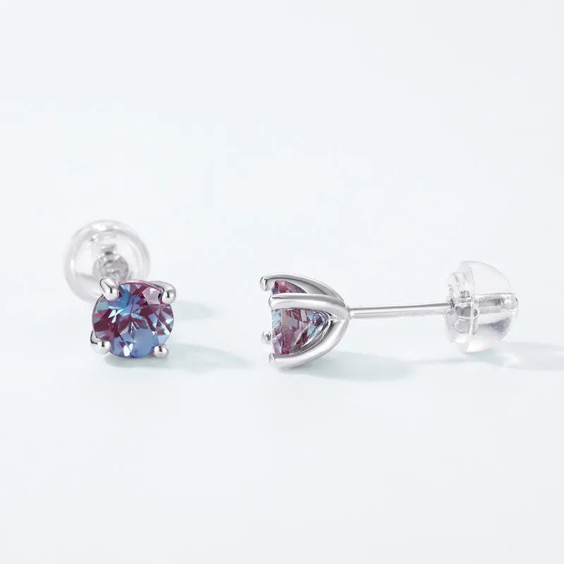Silver ear studs with round cultivated Alexandrite stone in geometric setting