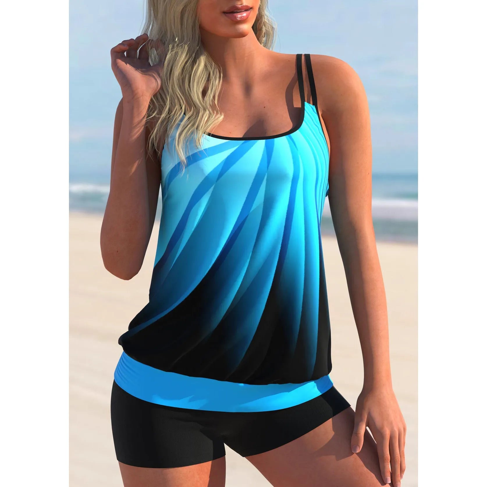 Women's printed swimsuit strap and beach shorts set in butterfly pattern, conservative plus size swimwear
