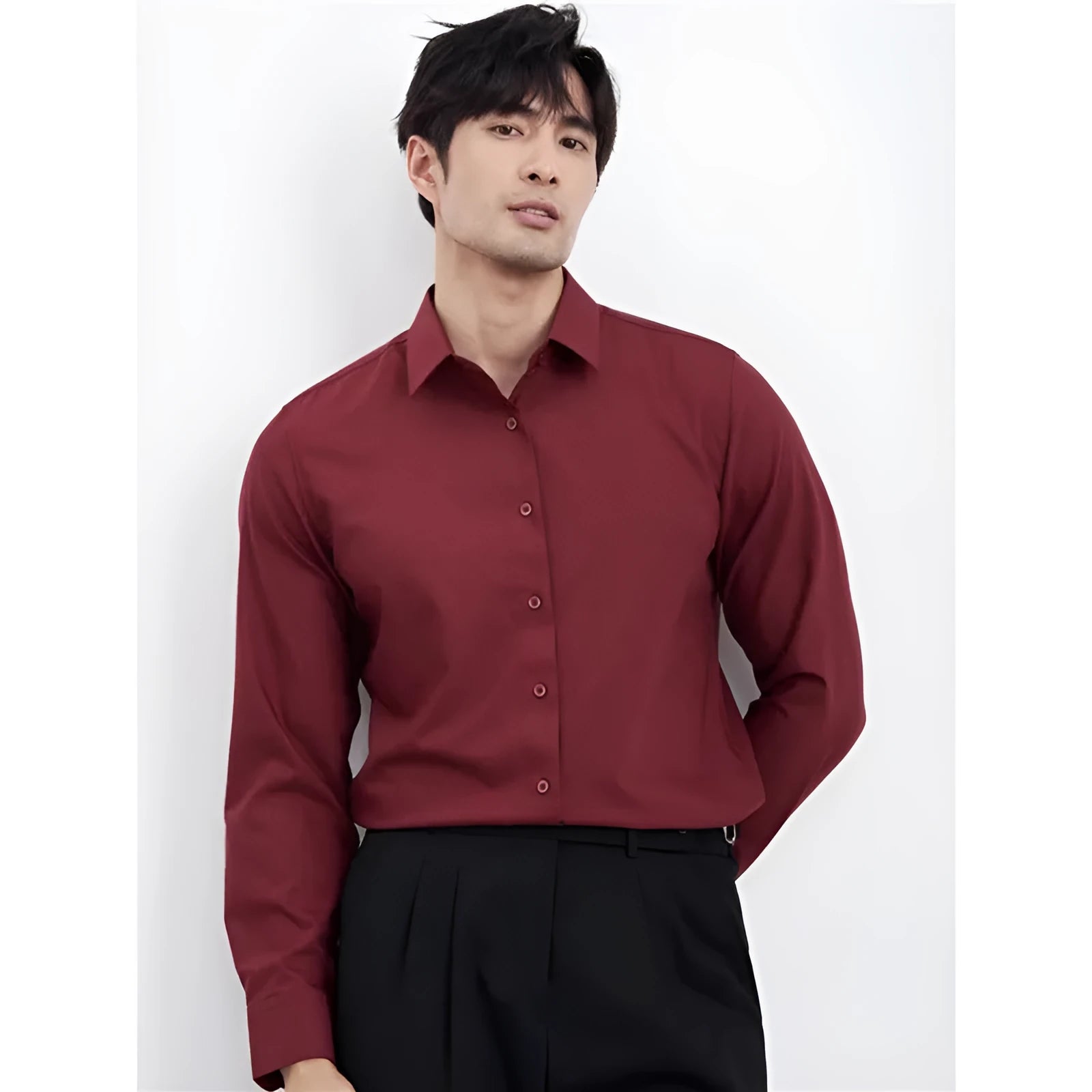 Men's wine red slim fit long sleeve business shirt with non-iron fabric on a hanger